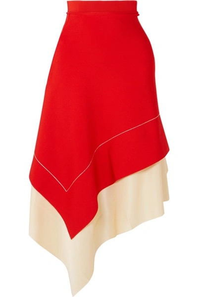 Shop Victoria Beckham Two-tone Asymmetric Stretch-knit Midi Skirt In Red