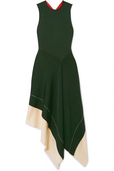 Shop Victoria Beckham Color-block Asymmetric Stretch-knit Midi Dress In Emerald