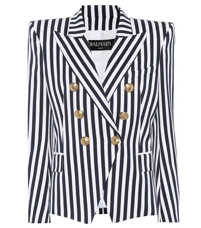 Shop Balmain Striped Cotton Blazer In Blue