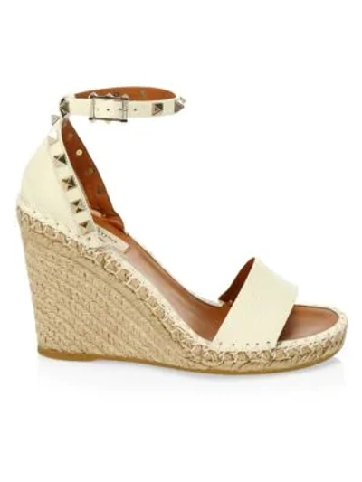 Shop Valentino Rockstud Leather Espadrille Wedge Sandals In Ivory