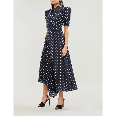 Shop Alessandra Rich Embellished Polka Dot Silk-chiffon Midi Dress In Blue Ivory