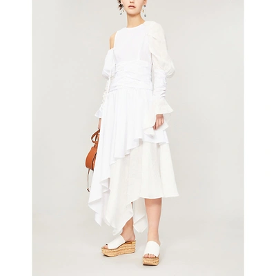 Shop Loewe Ruffled Cotton And Linen-blend Midi Dress In White