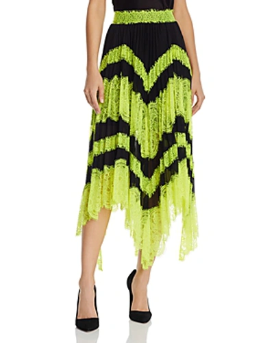 Shop Alice And Olivia Alice + Olivia Katz Lace-trim Pleated Midi Skirt In Black/neon Yellow