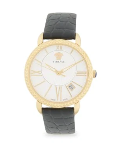Shop Versace Logo Stainless Steel & Leather-strap Watch In Rose Gold