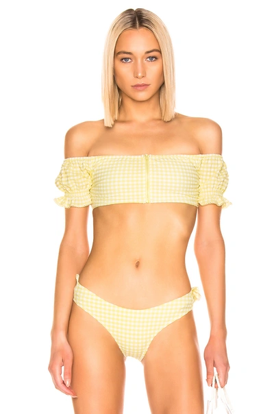 Shop Jonathan Simkhai Gingham Puff Sleeve Top In Lemonade & White