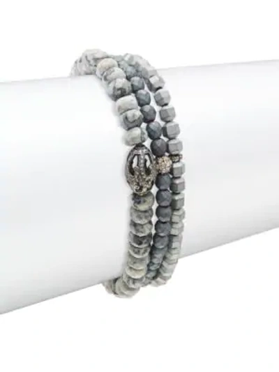 Shop Bavna Agate, Hematite & Diamond Three-strand Beaded Bracelet In Silver