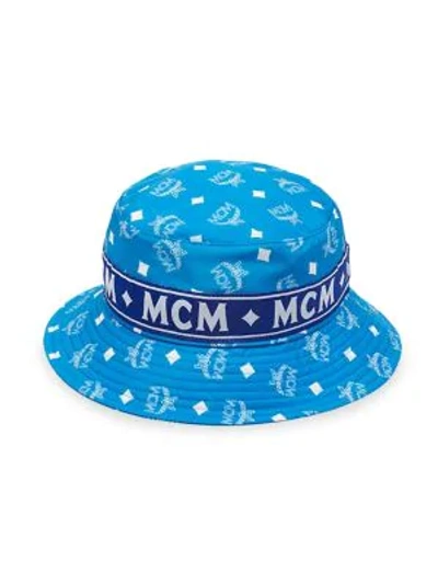 Shop Mcm White Logo Nylon Bucket Collection  Hat In Blue