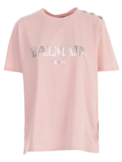 Shop Balmain Printed T-shirt In Oay Rose Pale Argent