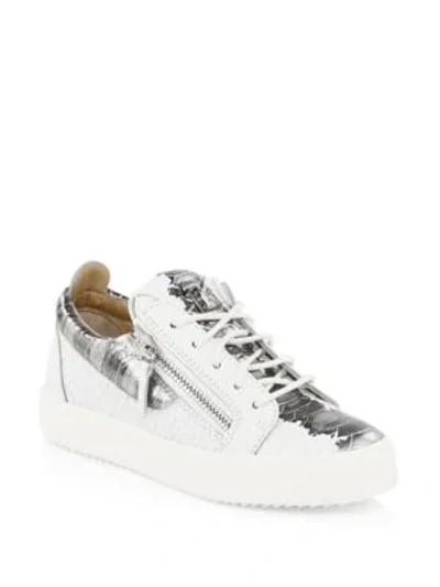 Shop Giuseppe Zanotti Snake-embossed Leather Low-top Sneakers In White