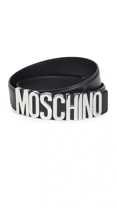 Shop Moschino Silver Logo Buckle Belt In Black