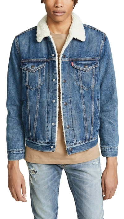 Levi's Medium Wash Sherpa Trucker Denim Jacket In Mays Blue | ModeSens