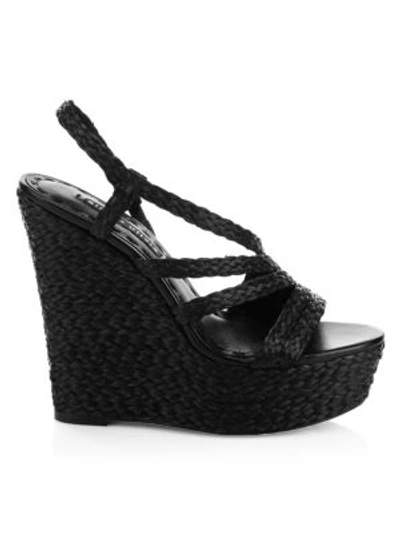 Shop Alice And Olivia Women's Tenley Raffia & Leather Platform Wedge Sandals In Black