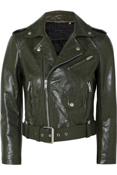 Shop Givenchy Cropped Textured-leather Biker Jacket In Green