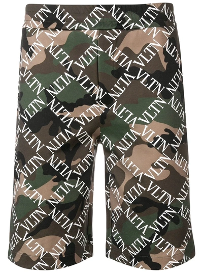 Shop Valentino Camouflage Logo Grid Print Shorts - Green