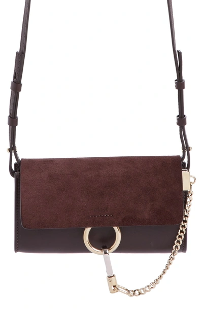 Shop Chloé Mini Faye Suede & Leather Wallet On A Chain In Carbon Brown