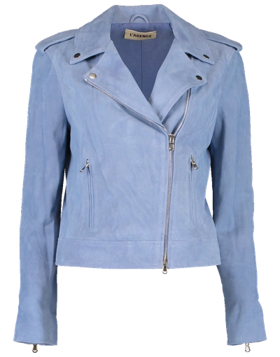 Shop L Agence Perfecto Leather Jacket In Skyblue
