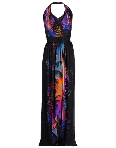 Shop Balmain Tropical Print Halter Neck Belted Silk Maxi Dress In Black