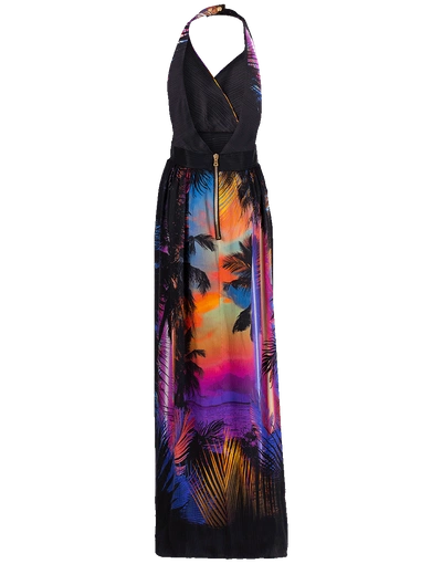 Shop Balmain Tropical Print Halter Neck Belted Silk Maxi Dress In Black