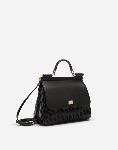 Shop Dolce & Gabbana Medium Sicily Bag In Lacquered Wicker And Calfskin In Black