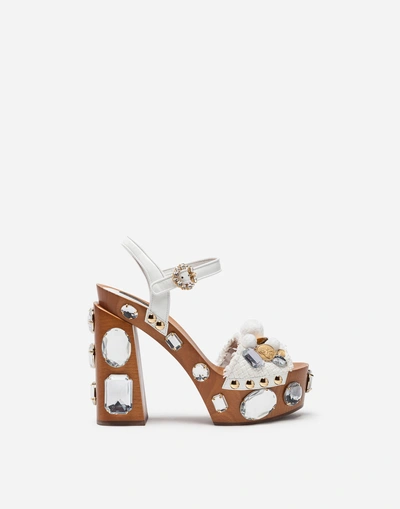 Shop Dolce & Gabbana Sandals In Raffia With Platform And Jewel Embellishment In White