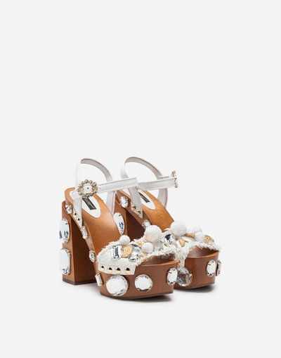 Shop Dolce & Gabbana Sandals In Raffia With Platform And Jewel Embellishment In White