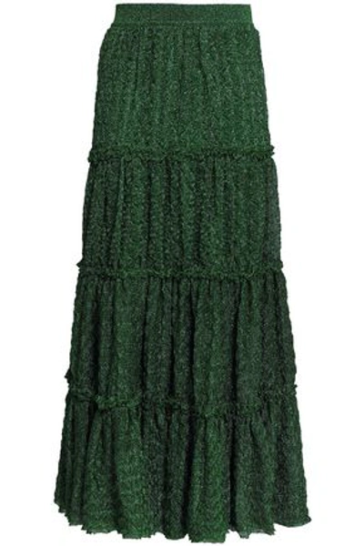 Shop Missoni Woman Tiered Metallic Jacquard-knit Maxi Skirt Dark Green
