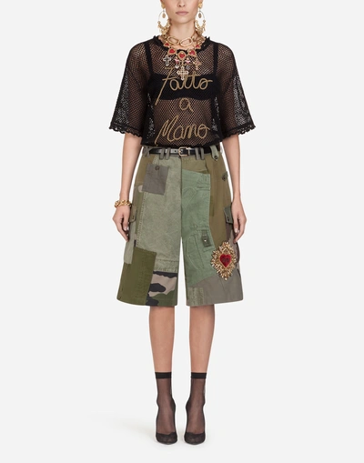 Shop Dolce & Gabbana Patchwork Bermuda Shorts With Embroidery In Green