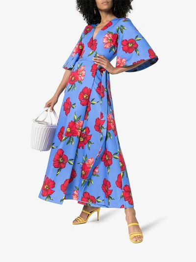 Shop Rebecca De Ravenel Floral Print Silk Wrap Dress In Blue