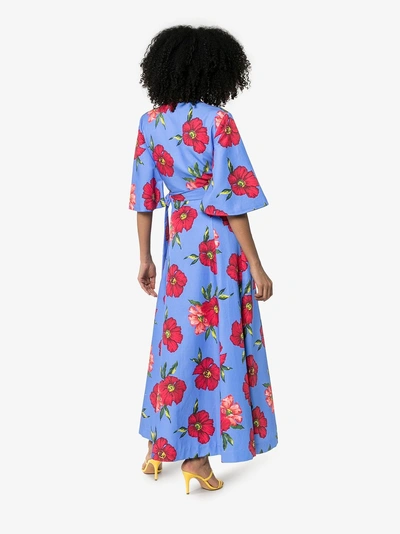 Shop Rebecca De Ravenel Floral Print Silk Wrap Dress In Blue