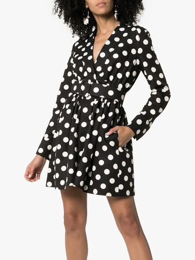 Shop Rebecca De Ravenel Polka Dot Belted Silk Dress In Black/white