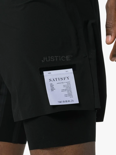 Shop Satisfy Double-layer Logo Label Track Shorts In Black