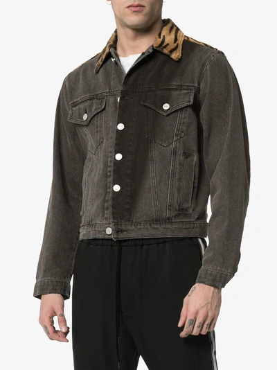 Shop Ashley Williams Tiger Print Panel Boxy Fit Denim Jacket In Grey/brown