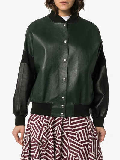 Shop Plan C Contrast Sleeve Button Down Leather Bomber Jacket In 00v70 Green