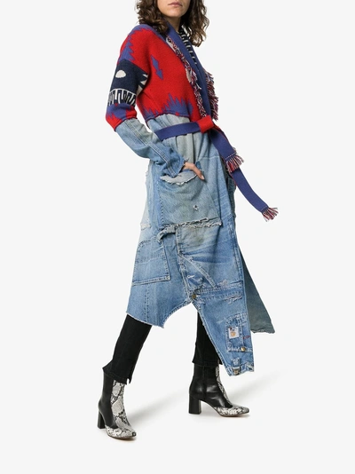 Shop Alanui X Greg Lauren Denim And Cashmere Overalls Cardigan In Red/blue
