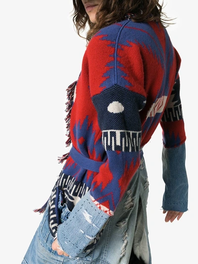 Shop Alanui X Greg Lauren Denim And Cashmere Overalls Cardigan In Red/blue