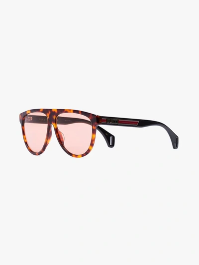 Shop Gucci Round Tortoiseshell Aviator Style Sunglasses In Brown