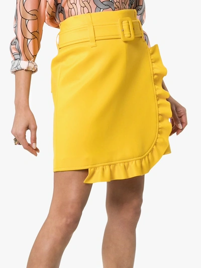 Shop Prada Belted Ruffle Detail Skirt In Yellow