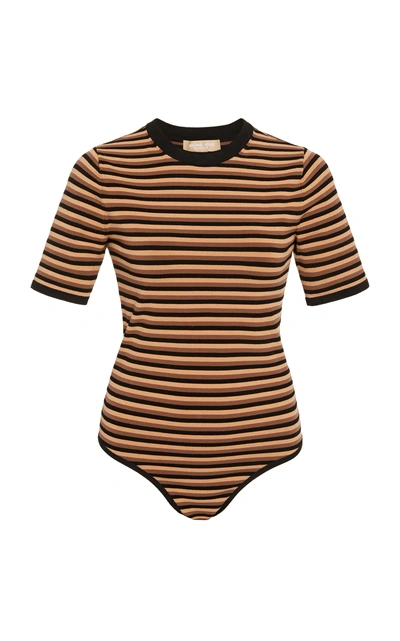 Shop Michael Kors Striped Jersey Bodysuit In Brown