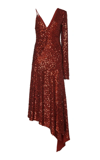 Shop Michael Kors Asymmetric Sequined Midi Dress In Red