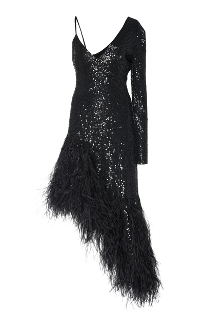 Shop Michael Kors Feather-trimmed Asymmetric Sequined Dress In Black