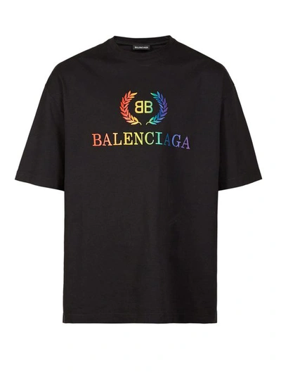 Balenciaga Rainbow Logo Embroidered Jersey T-shirt In 1000black | ModeSens