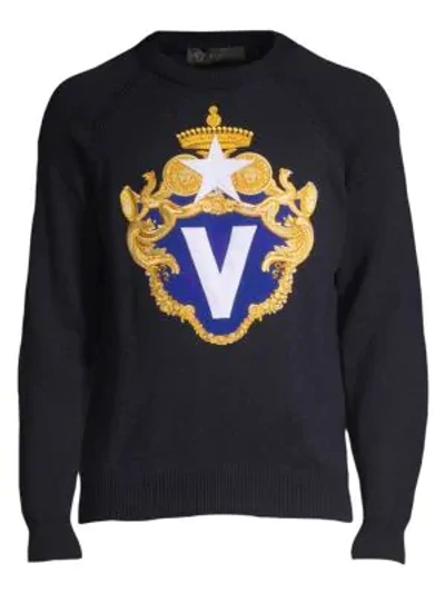 Shop Versace Embroidered Logo Cotton Jumper In Blue