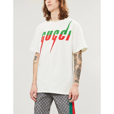 Shop Gucci Logo Lightning-print Cotton-jersey T-shirt In Green Red