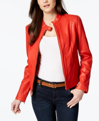 Shop Cole Haan Seamed Leather Jacket In Red