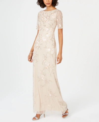 Shop Adrianna Papell Short-sleeve Beaded Gown In Nude