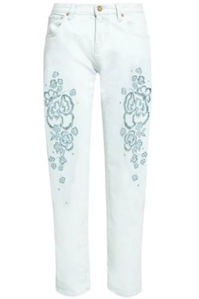 Shop Roberto Cavalli Woman Embroidered Mid-rise Straight-leg Jeans Light Denim