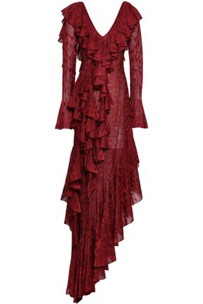 Shop Roberto Cavalli Woman Asymmetric Ruffled Crochet-knit Midi Dress Brick