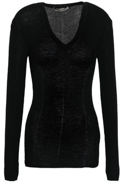 Shop Roberto Cavalli Woman Embroidered Wool And Cashmere-blend Sweater Black