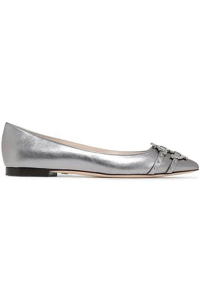 Shop Roberto Cavalli Woman Embellished Metallic Textured-leather Point-toe Flats White Gold