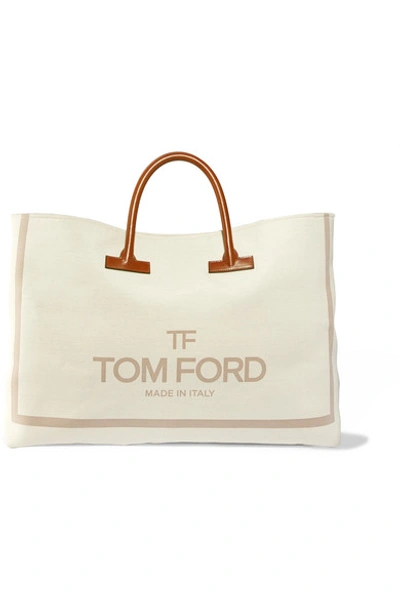 Shop Tom Ford T Leather-trimmed Printed Canvas Weekend Bag In Beige
